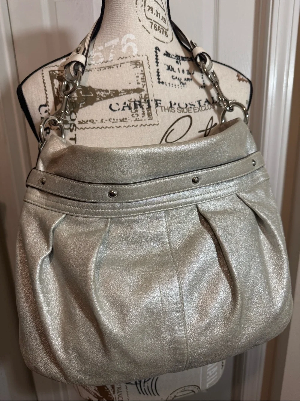 Vintage Coach Metallic Silver Goat Suede Pleated Belted Hobo Bag (Style 8B33)
